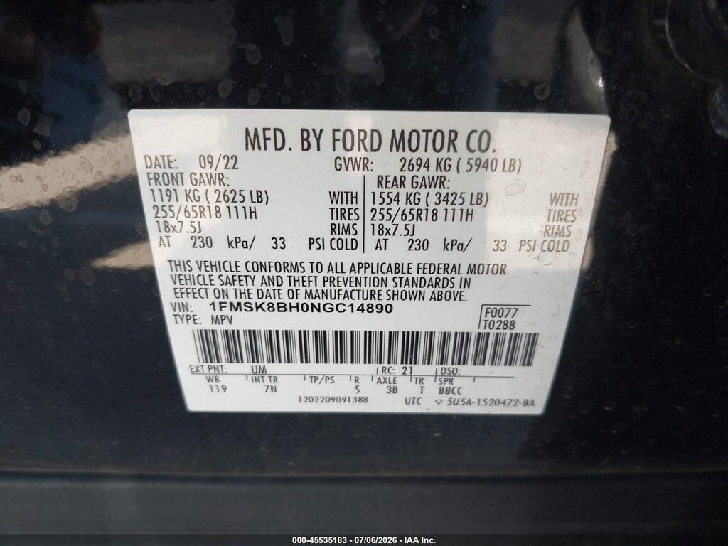 1FMSK8BH0NGC14890 2022 FORD EXPLORER photo no. 9