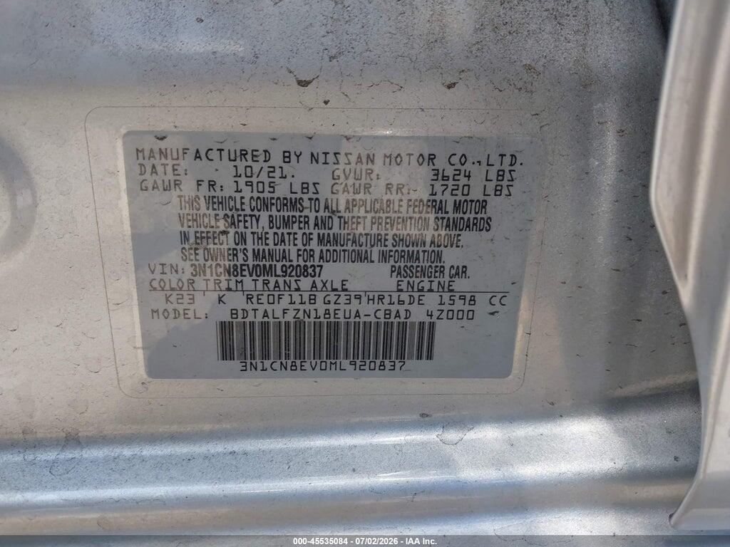 3N1CN8EV0ML920837 2021 NISSAN VERSA photo no. 9