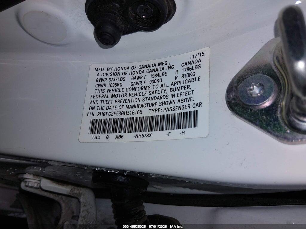 2HGFC2F53GH516165 2016 HONDA CIVIC photo no. 9