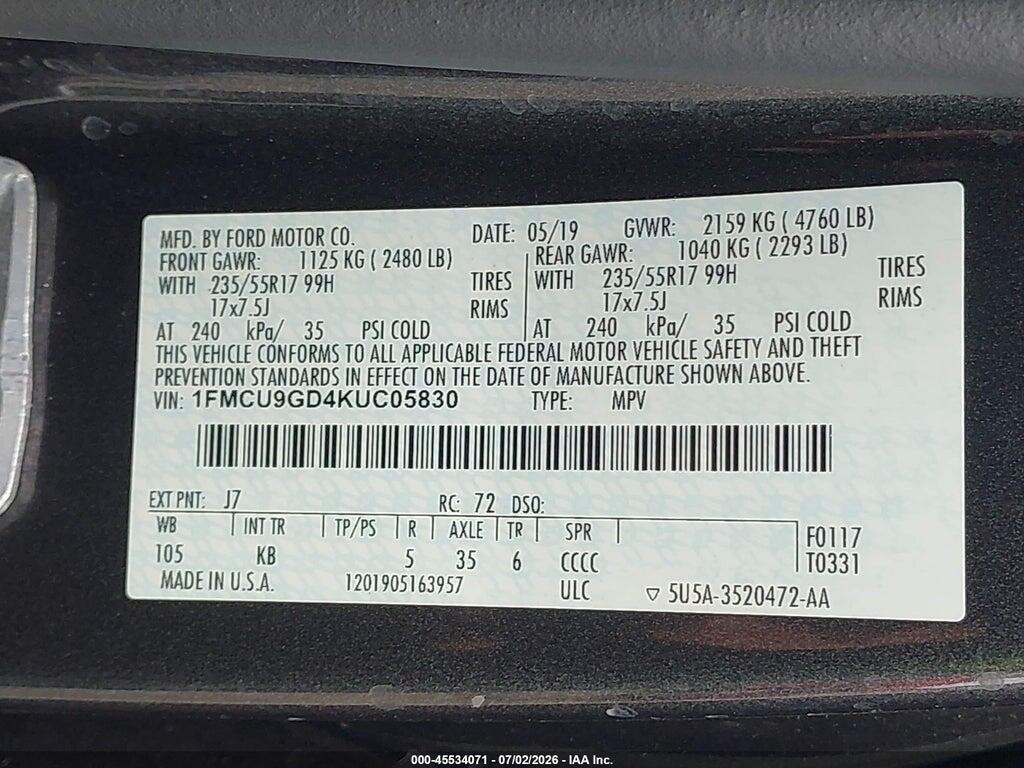 1FMCU9GD4KUC05830 2019 FORD ESCAPE photo no. 9
