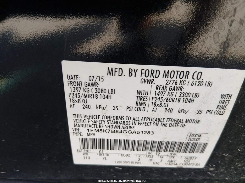 1FM5K7B84GGA51283 2016 FORD EXPLORER photo no. 9