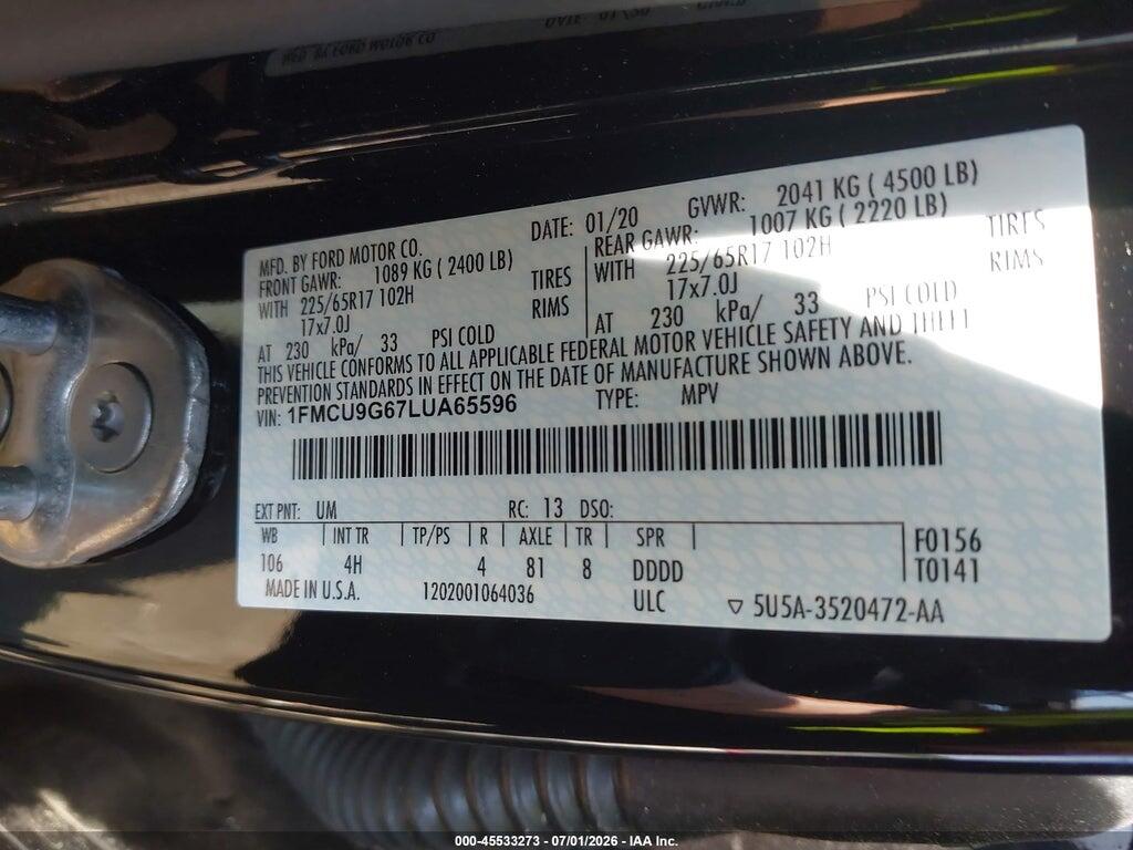 1FMCU9G67LUA65596 2020 FORD ESCAPE photo no. 9