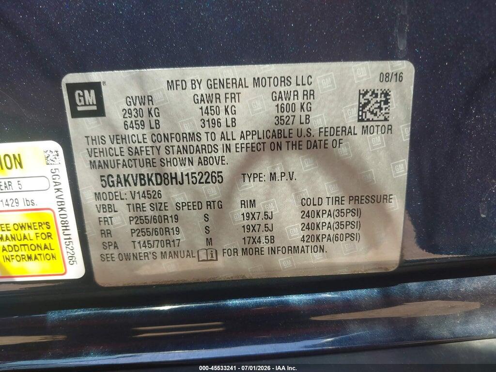 5GAKVBKD8HJ152265 2017 BUICK ENCLAVE photo no. 9