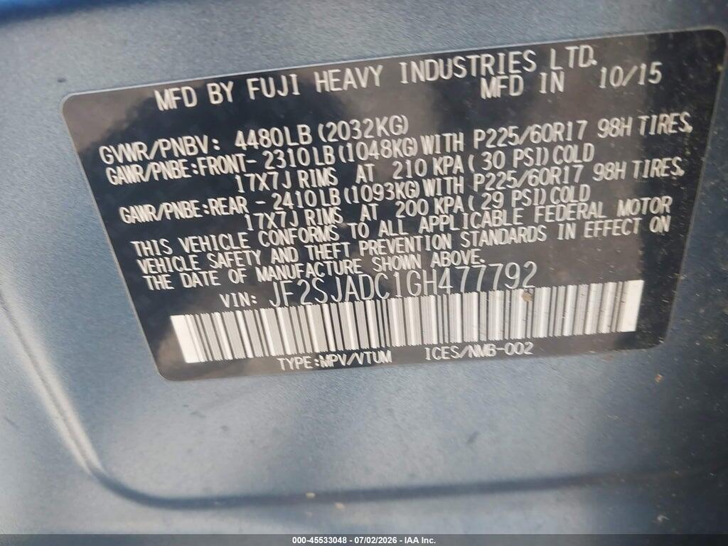 JF2SJADC1GH477792 2016 SUBARU FORESTER photo no. 9