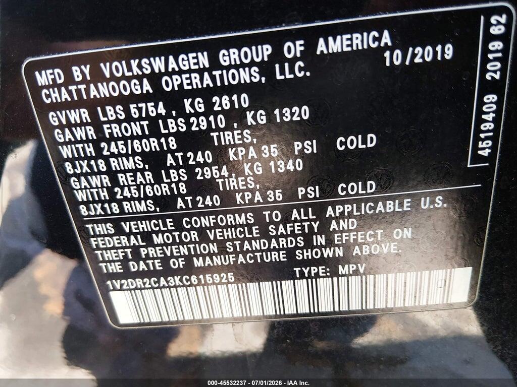 1V2DR2CA3KC615925 2019 VOLKSWAGEN ATLAS photo no. 9