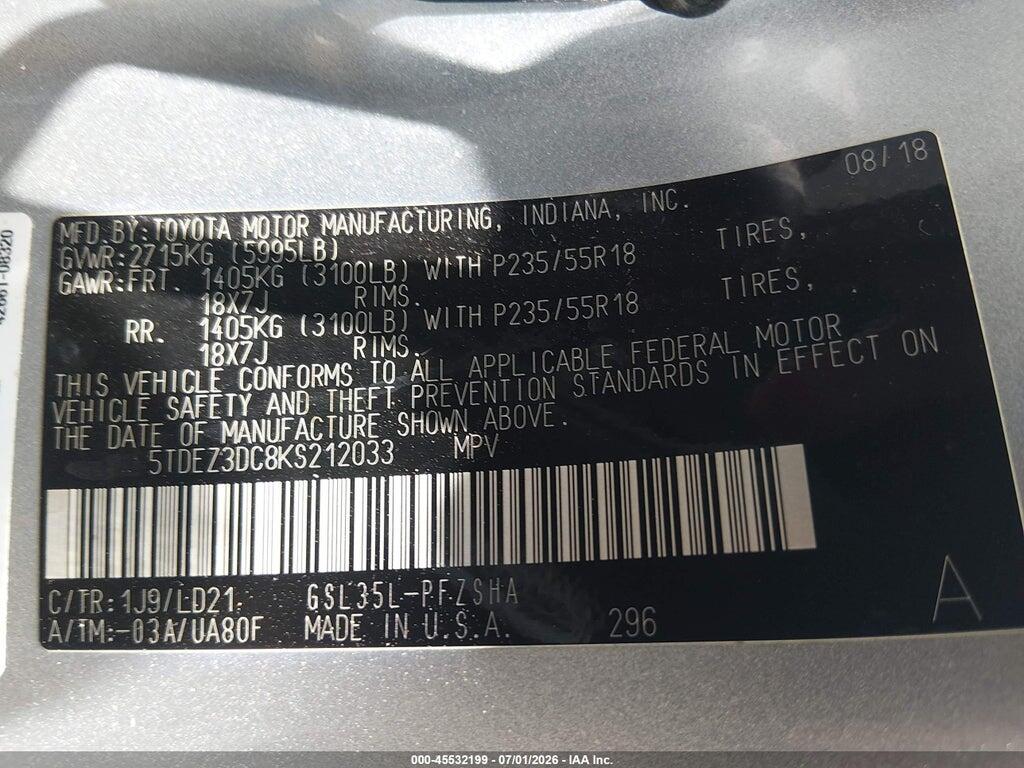 5TDEZ3DC8KS212033 2019 TOYOTA SIENNA photo no. 9