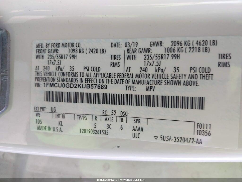 1FMCU0GD2KUB57689 2019 FORD ESCAPE photo no. 9
