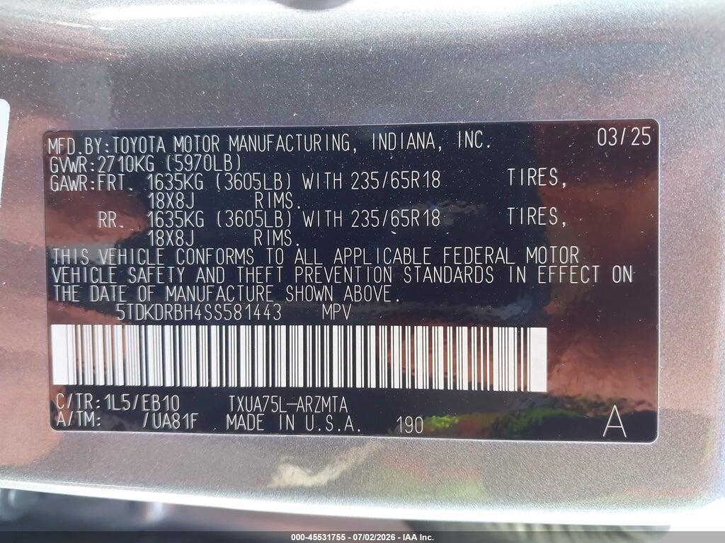 5TDKDRBH4SS581443 2025 TOYOTA HIGHLANDER photo no. 9