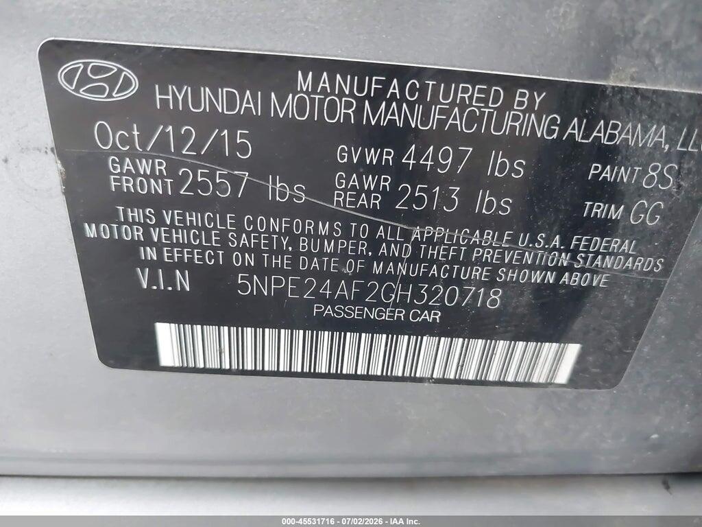 5NPE24AF2GH320718 2016 HYUNDAI SONATA photo no. 9