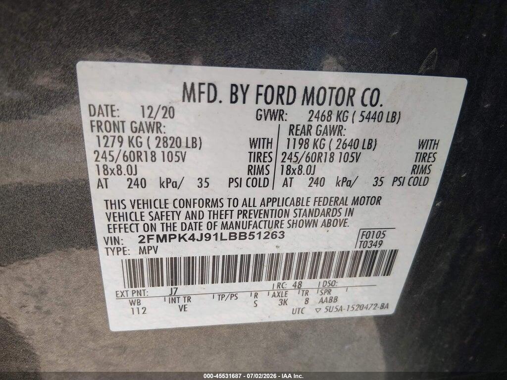 2FMPK4J91LBB51263 2020 FORD EDGE photo no. 9