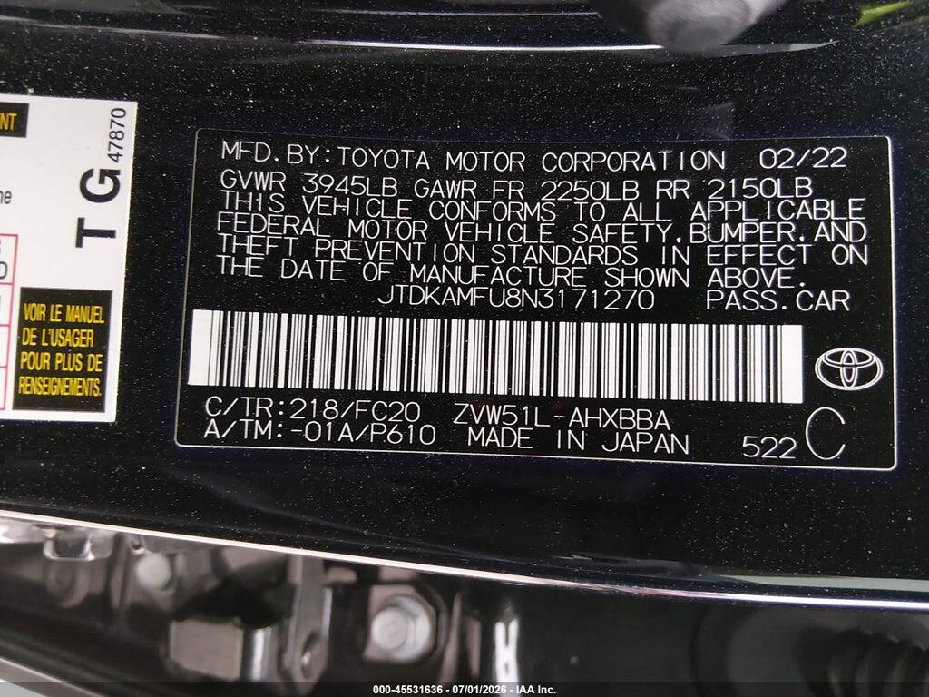 JTDKAMFU8N3171270 2022 TOYOTA PRIUS photo no. 9
