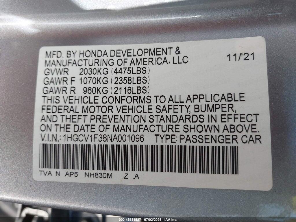1HGCV1F38NA001096 2022 HONDA ACCORD photo no. 9