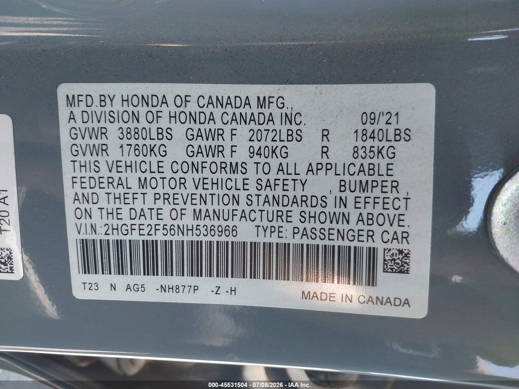 2HGFE2F56NH536966 2022 HONDA CIVIC photo no. 9