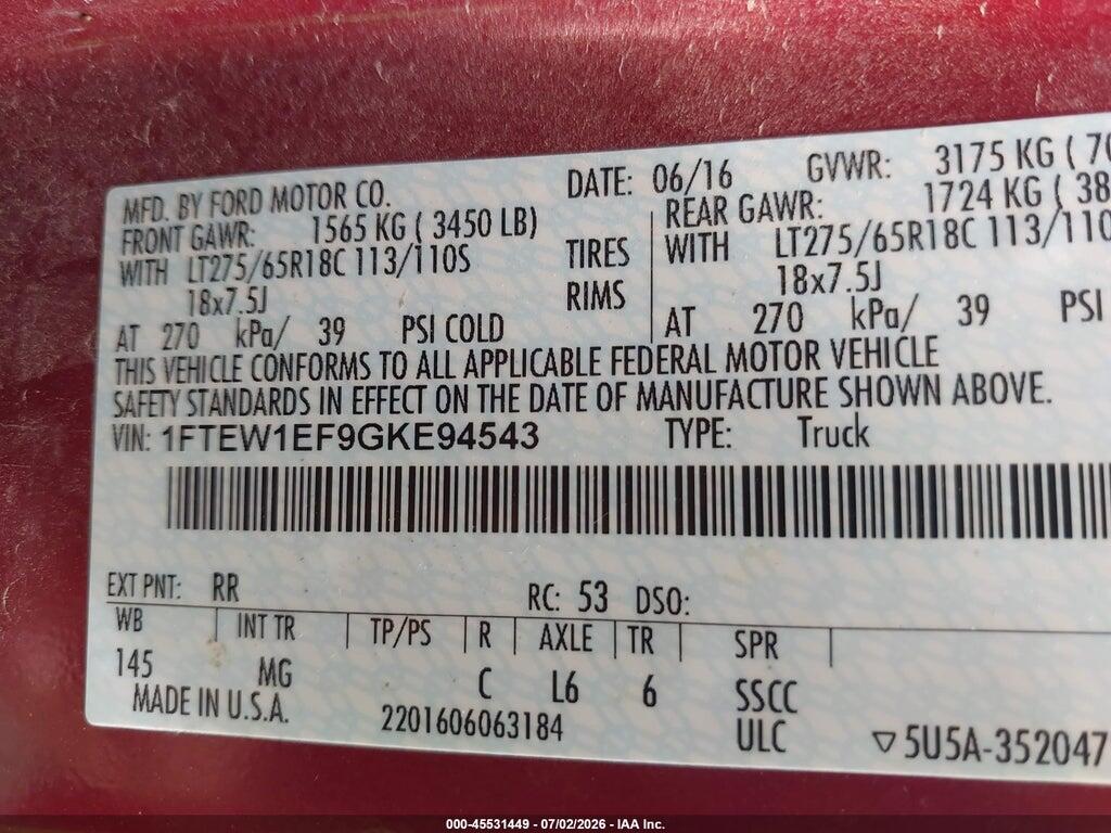 1FTEW1EF9GKE94543 2016 FORD F-150 photo no. 9