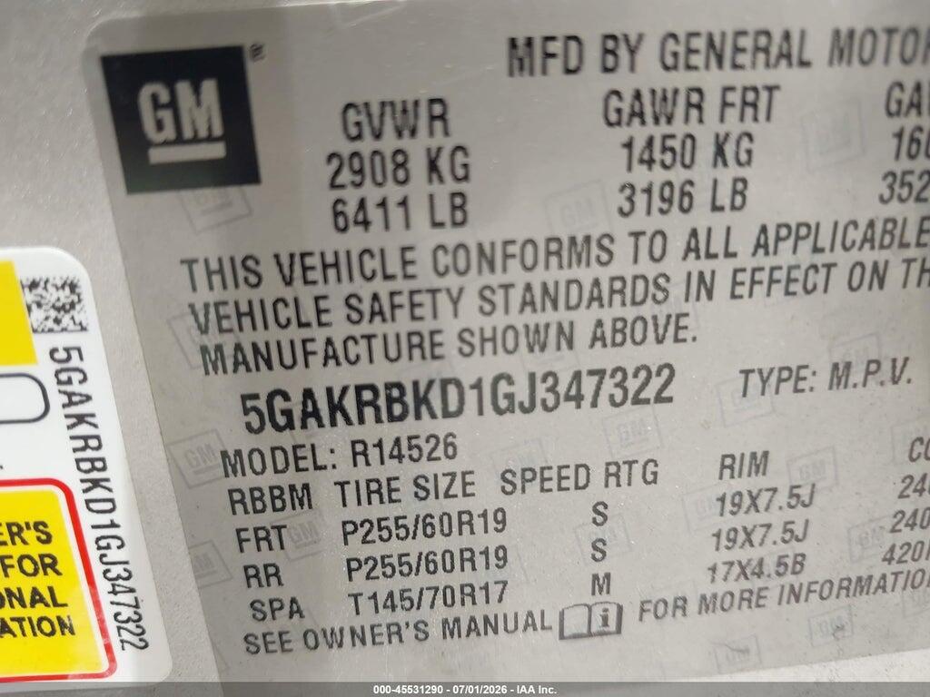5GAKRBKD1GJ347322 2016 BUICK ENCLAVE photo no. 9