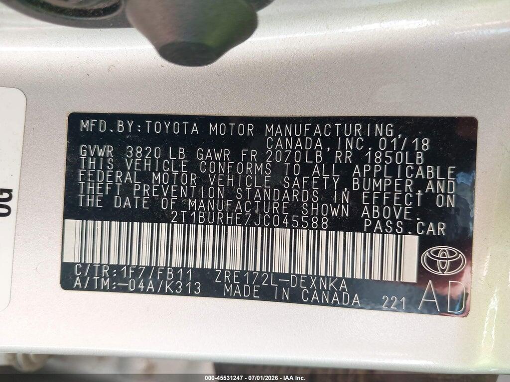 2T1BURHE7JC045588 2018 TOYOTA COROLLA photo no. 9