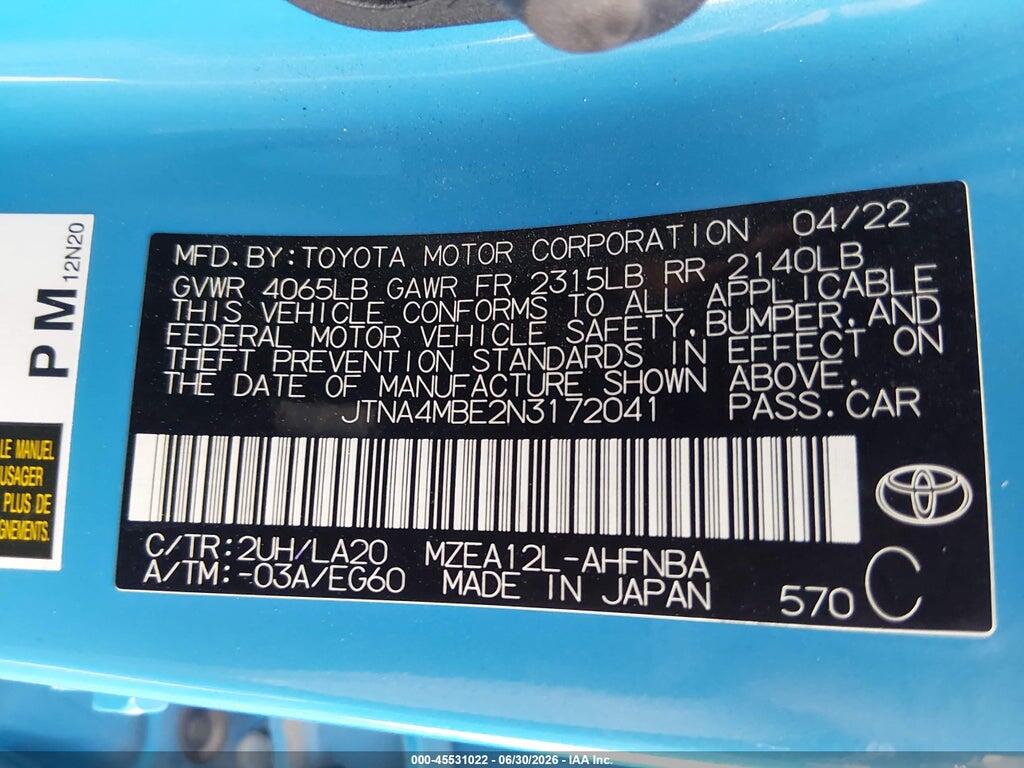 JTNA4MBE2N3172041 2022 TOYOTA COROLLA photo no. 9