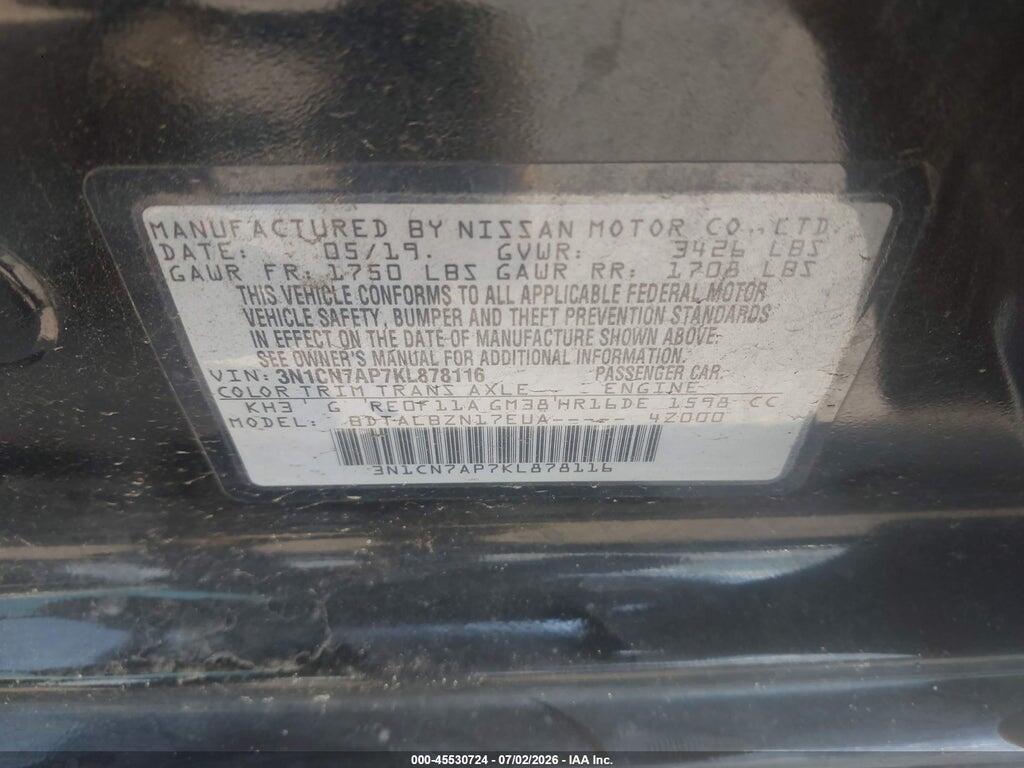 3N1CN7AP7KL878116 2019 NISSAN VERSA photo no. 9