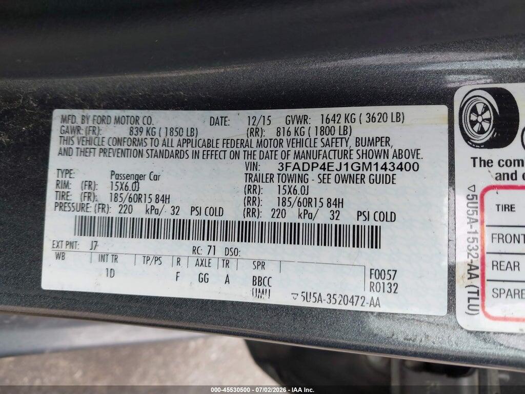3FADP4EJ1GM143400 2016 FORD FIESTA photo no. 9