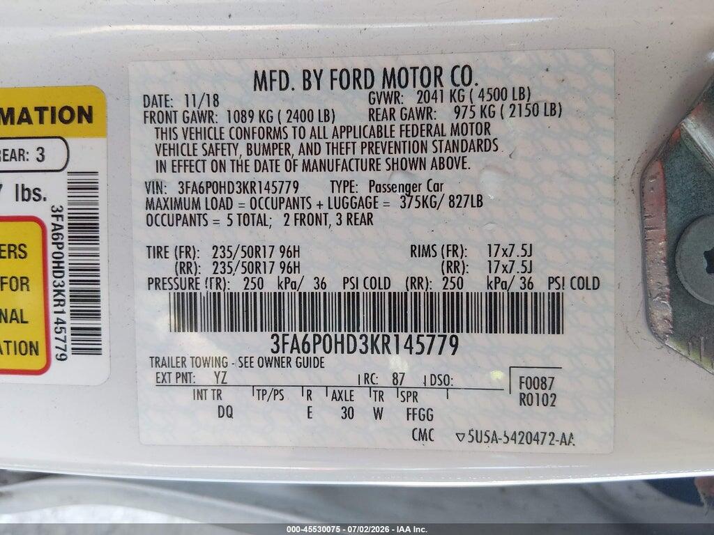 3FA6P0HD3KR145779 2019 FORD FUSION photo no. 9
