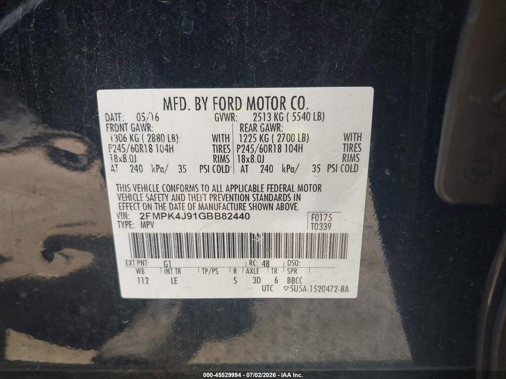 2FMPK4J91GBB82440 2016 FORD EDGE photo no. 9