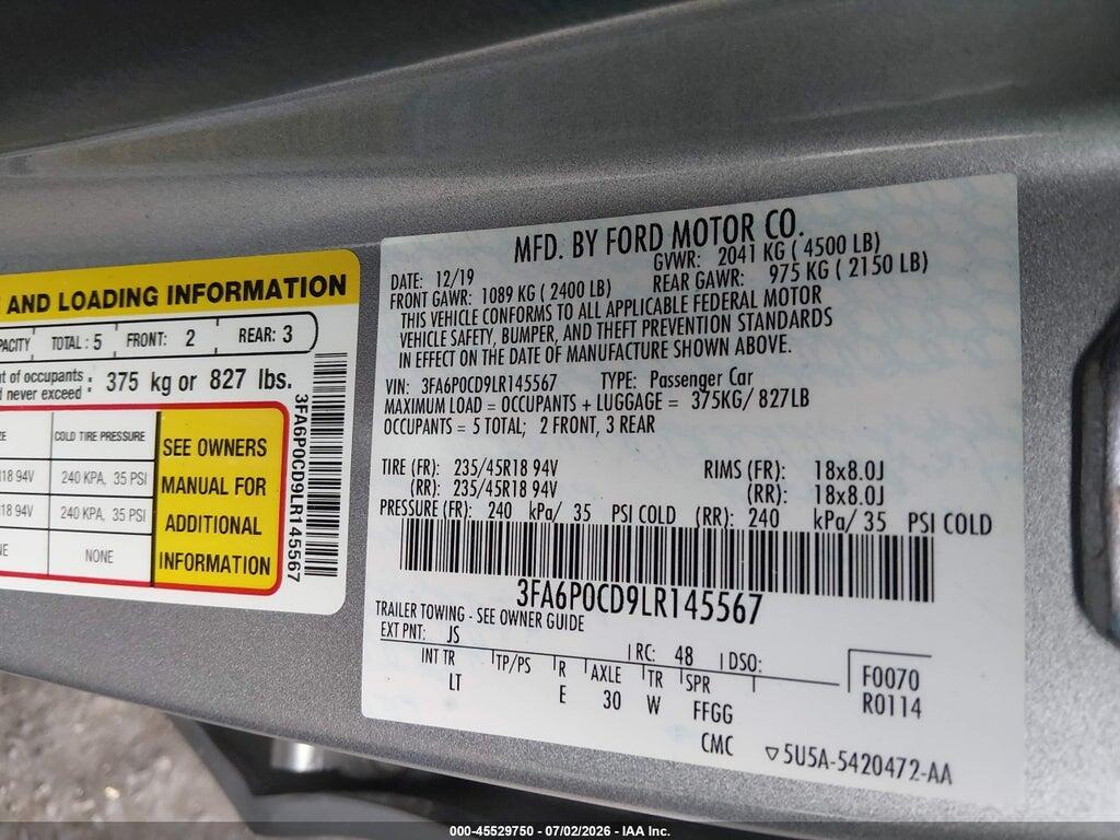 3FA6P0CD9LR145567 2020 FORD FUSION photo no. 9