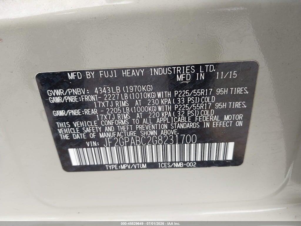 JF2GPABC2G8231700 2016 SUBARU CROSSTREK photo no. 9