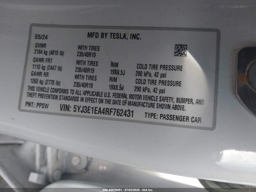 5YJ3E1EA4RF762431 2024 TESLA MODEL 3 photo no. 9