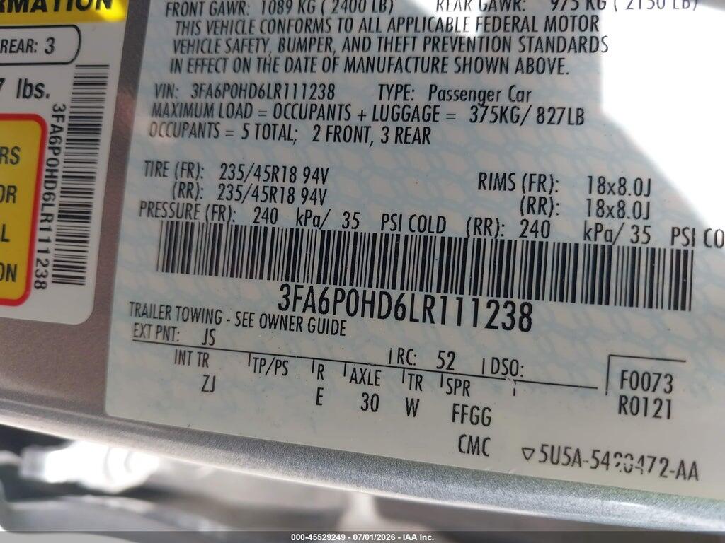 3FA6P0HD6LR111238 2020 FORD FUSION photo no. 9