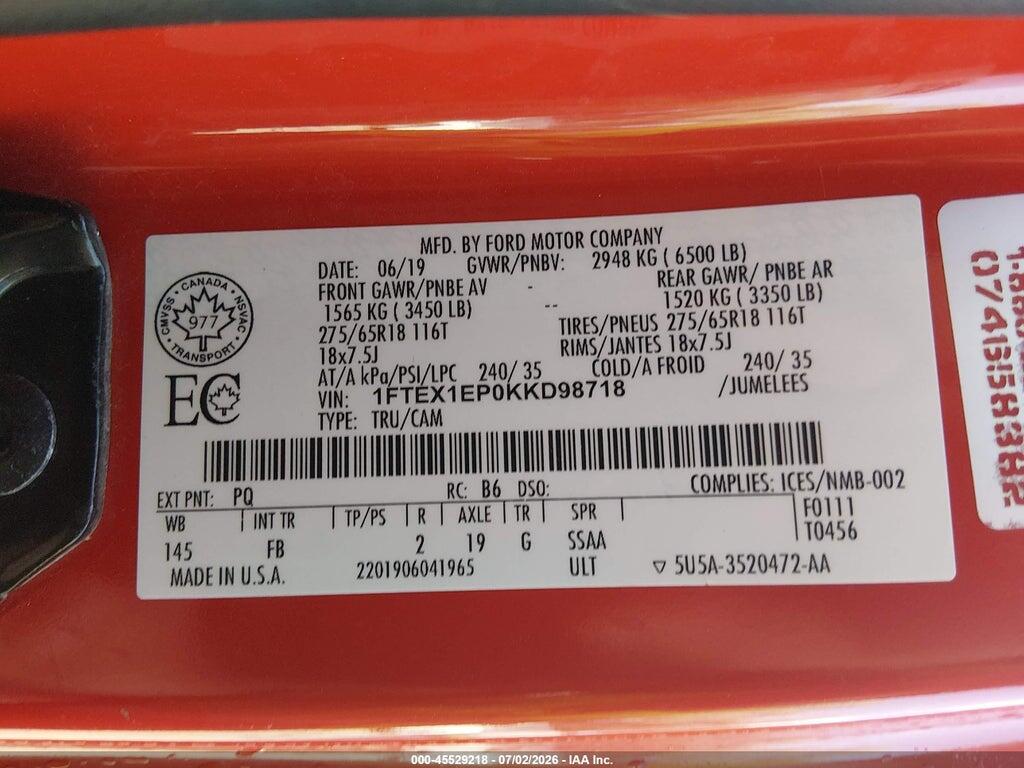 1FTEX1EP0KKD98718 2019 FORD F-150 photo no. 9
