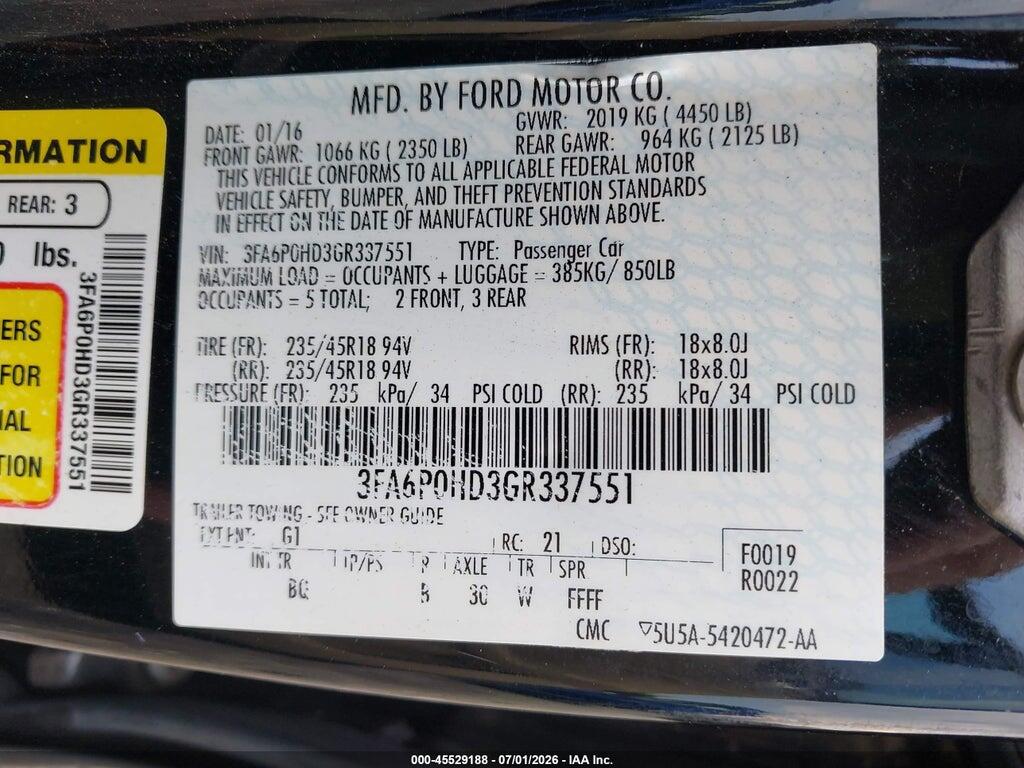 3FA6P0HD3GR337551 2016 FORD FUSION photo no. 9