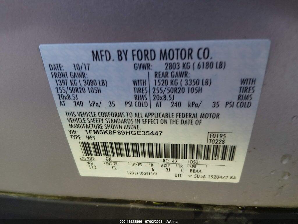 1FM5K8F89HGE35447 2017 FORD EXPLORER photo no. 9