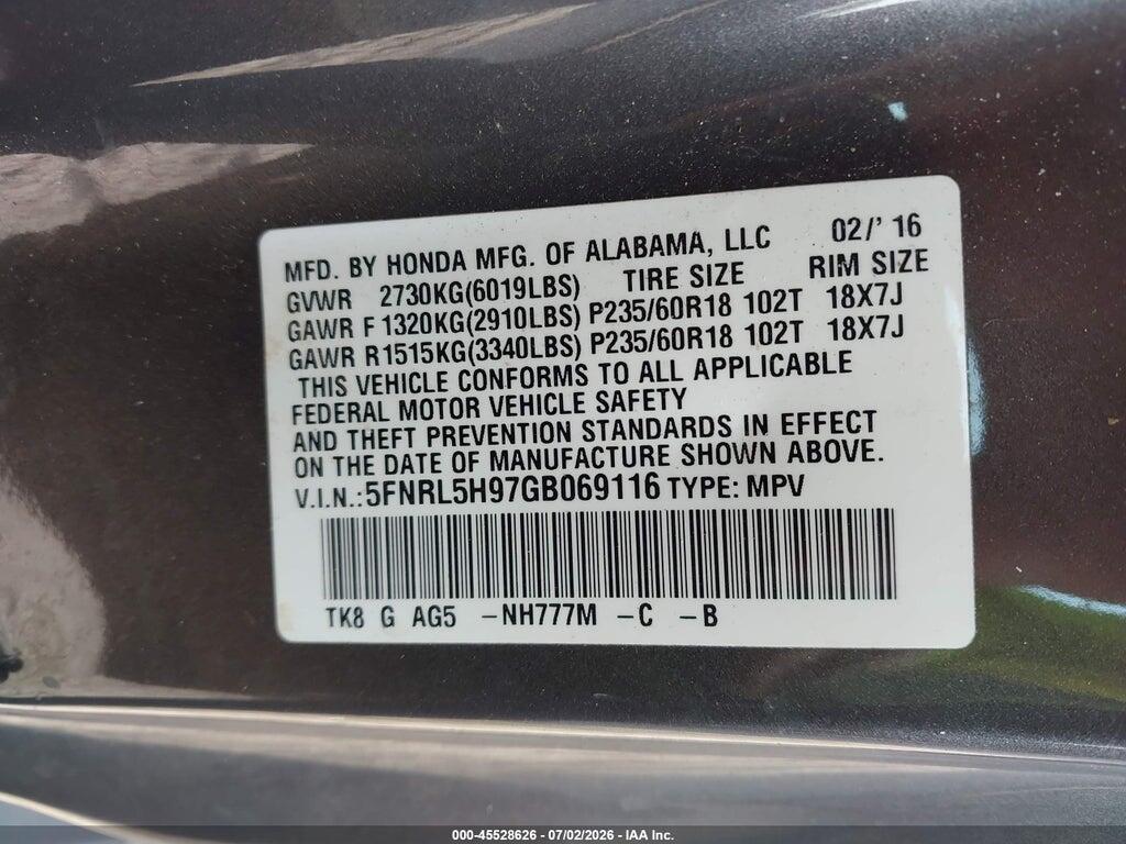 5FNRL5H97GB069116 2016 HONDA ODYSSEY photo no. 9