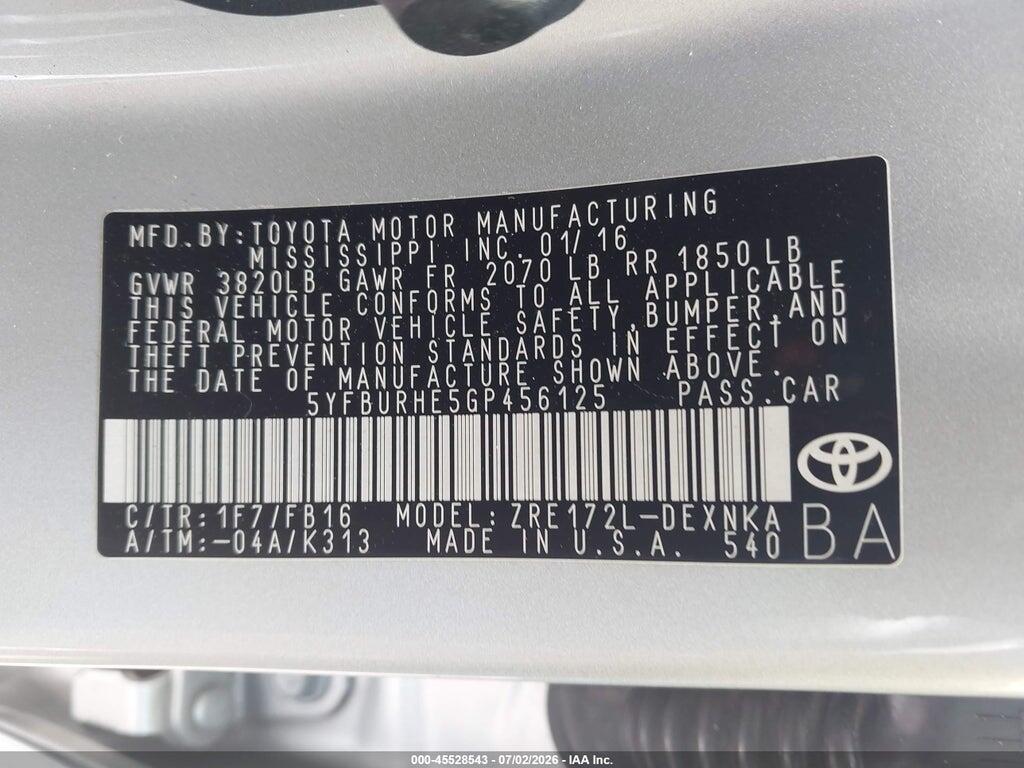 5YFBURHE5GP456125 2016 TOYOTA COROLLA photo no. 9