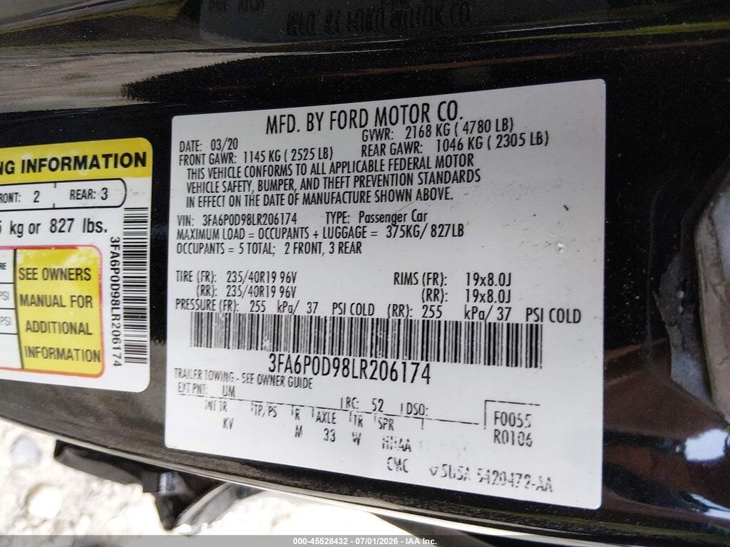 3FA6P0D98LR206174 2020 FORD FUSION photo no. 9