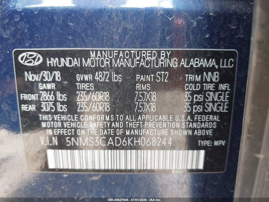 5NMS3CAD6KH068244 2019 HYUNDAI SANTA FE photo no. 9