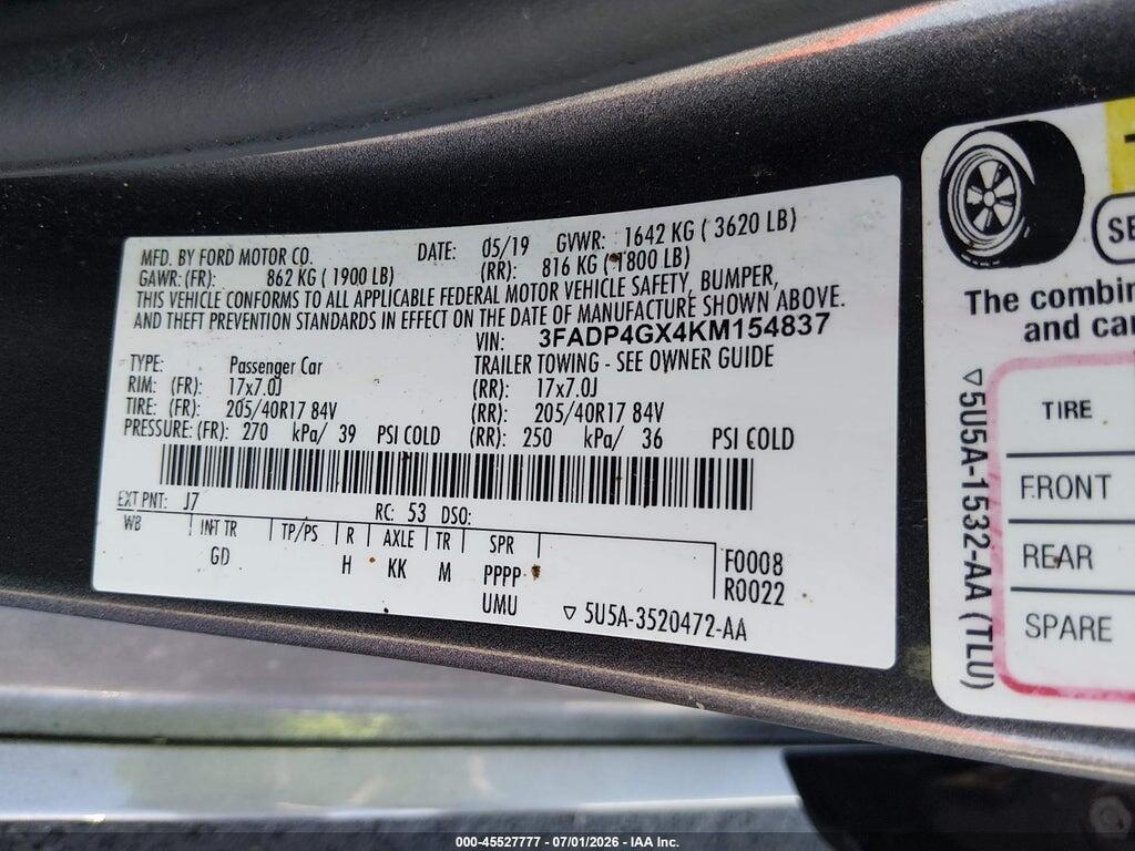 3FADP4GX4KM154837 2019 FORD FIESTA photo no. 9