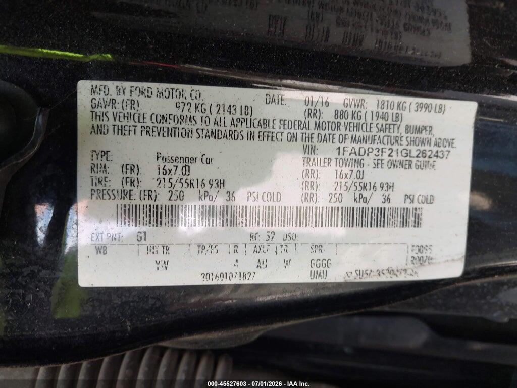 1FADP3F21GL262437 2016 FORD FOCUS photo no. 9
