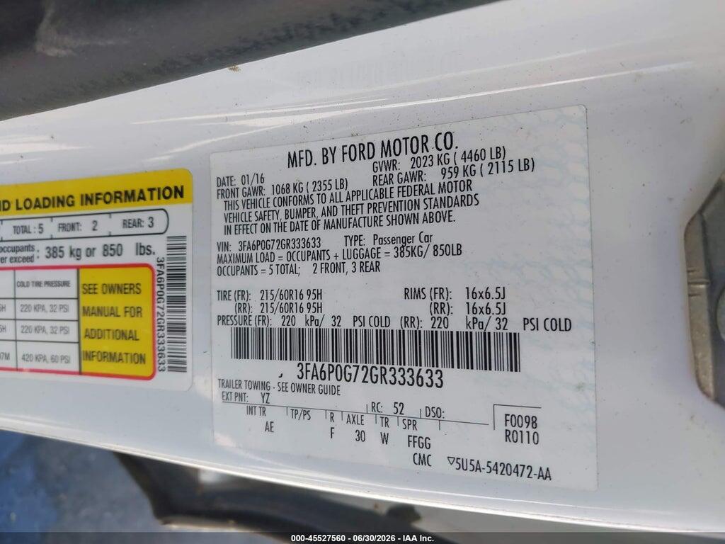 3FA6P0G72GR333633 2016 FORD FUSION photo no. 9