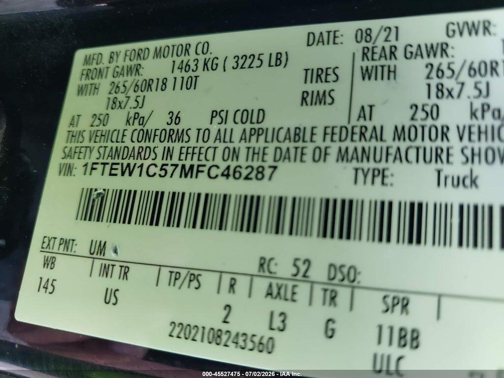 1FTEW1C57MFC46287 2021 FORD F-150 photo no. 9