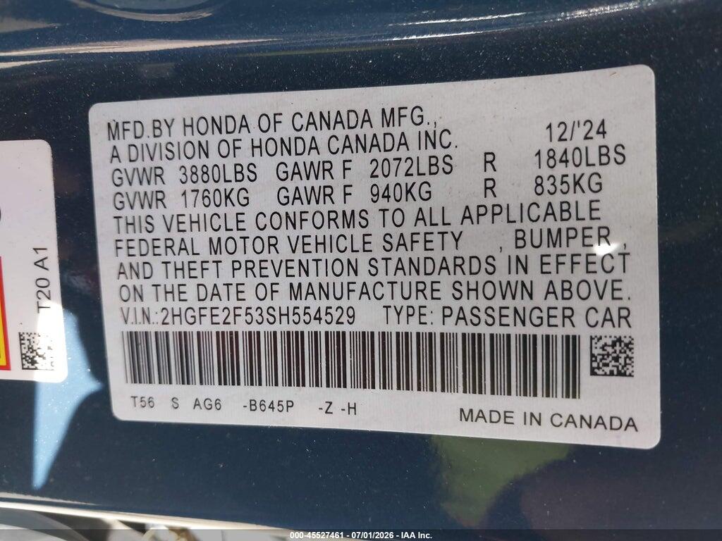 2HGFE2F53SH554529 2025 HONDA CIVIC photo no. 9