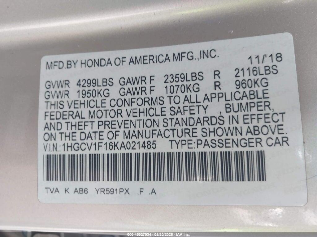 1HGCV1F16KA021485 2019 HONDA ACCORD photo no. 9