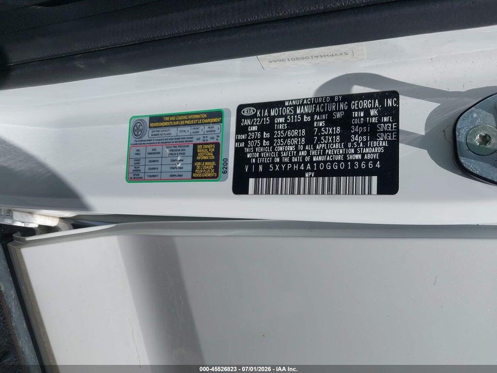 5XYPH4A10GG013664 2016 KIA SORENTO photo no. 9