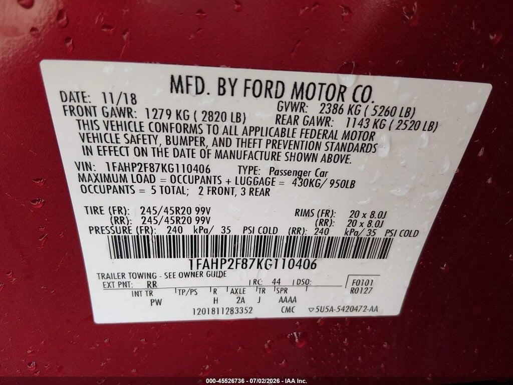 1FAHP2F87KG110406 2019 FORD TAURUS photo no. 9