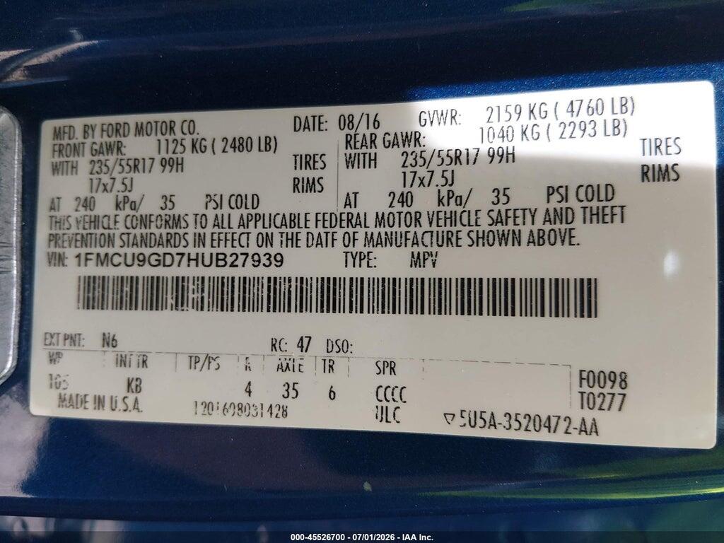 1FMCU9GD7HUB27939 2017 FORD ESCAPE photo no. 9