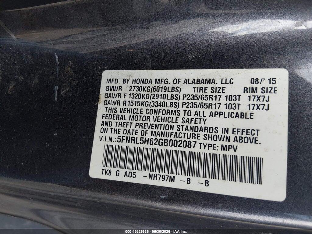 5FNRL5H62GB002087 2016 HONDA ODYSSEY photo no. 9