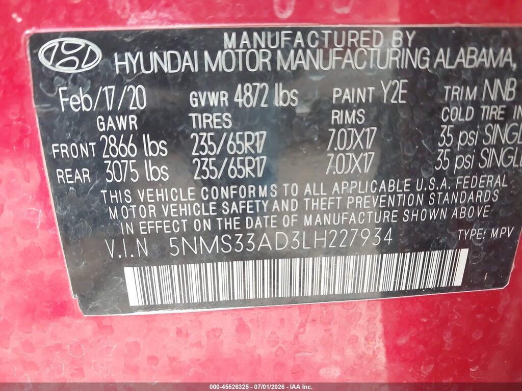 5NMS33AD3LH227934 2020 HYUNDAI SANTA FE photo no. 9