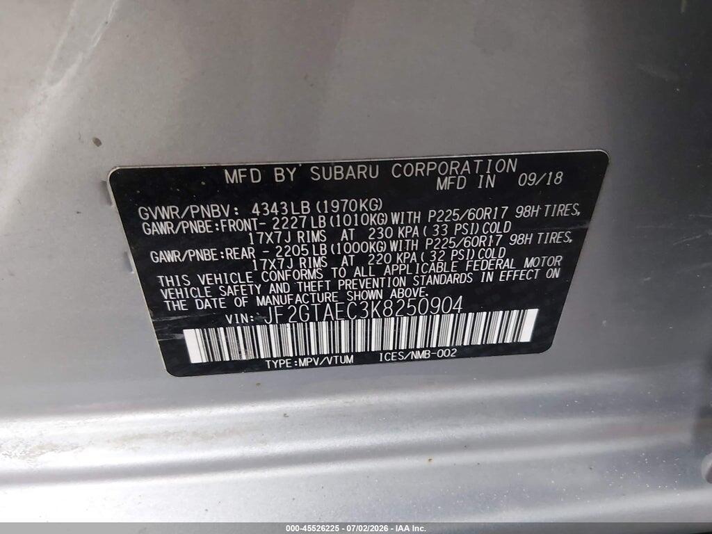 JF2GTAEC3K8250904 2019 SUBARU CROSSTREK photo no. 9