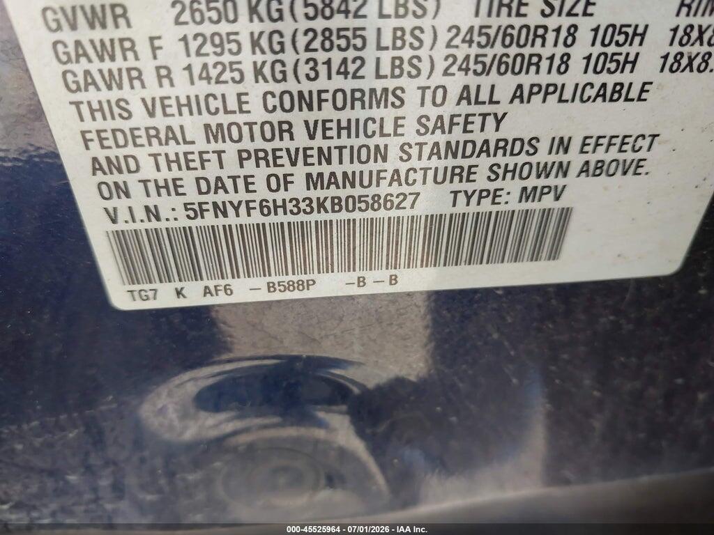 5FNYF6H33KB058627 2019 HONDA PILOT photo no. 9