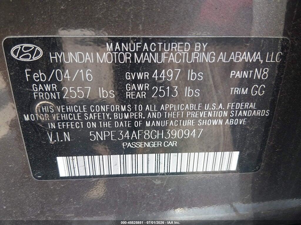 5NPE34AF8GH390947 2016 HYUNDAI SONATA photo no. 9